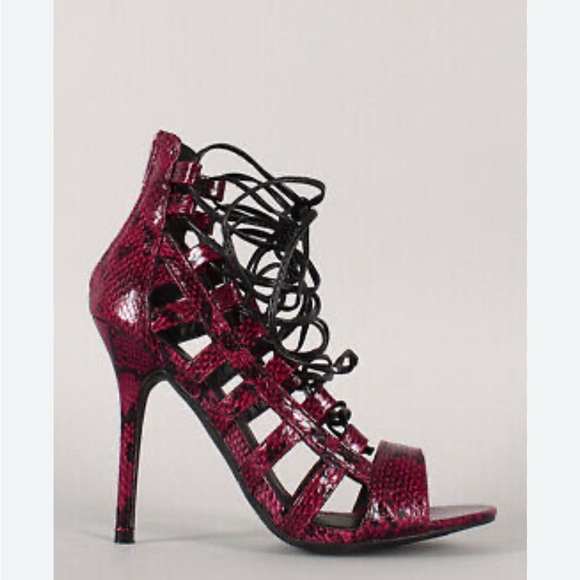 Club Couture Burgundy Animal Print Lace Up Gladiator Peep Toe Heel Size 8 - Picture 3 of 15